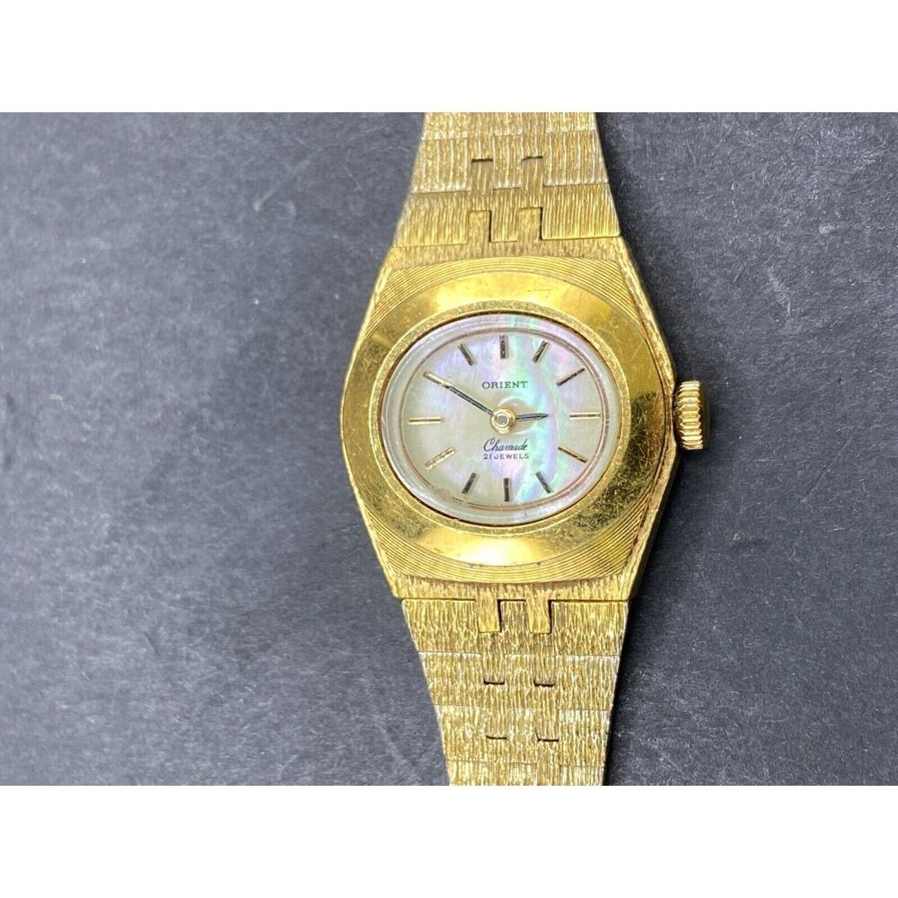 Vintage Orient Chamade Gold Tone 21 Jewels Wristwatch Mother Of Pearl Dial
